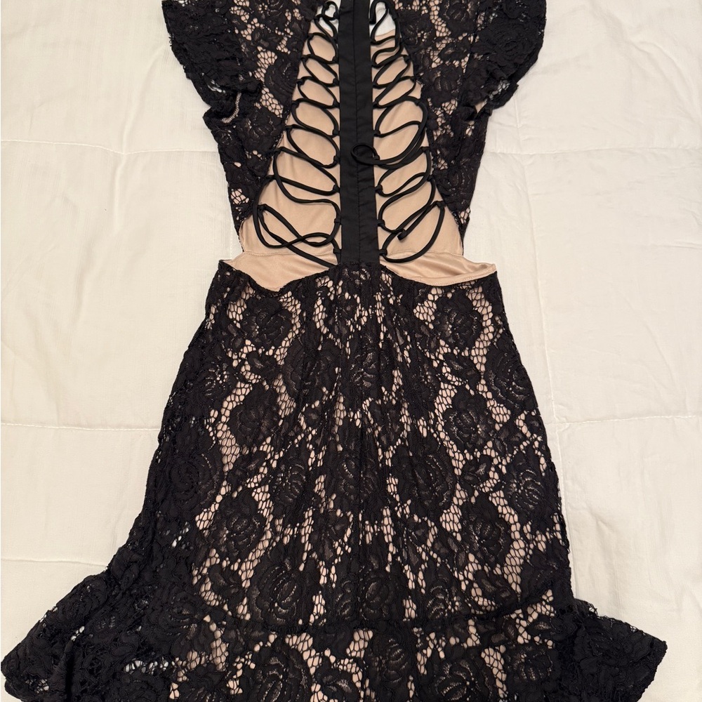 Express Black and Tan Ruffled Cut Out Back Dress